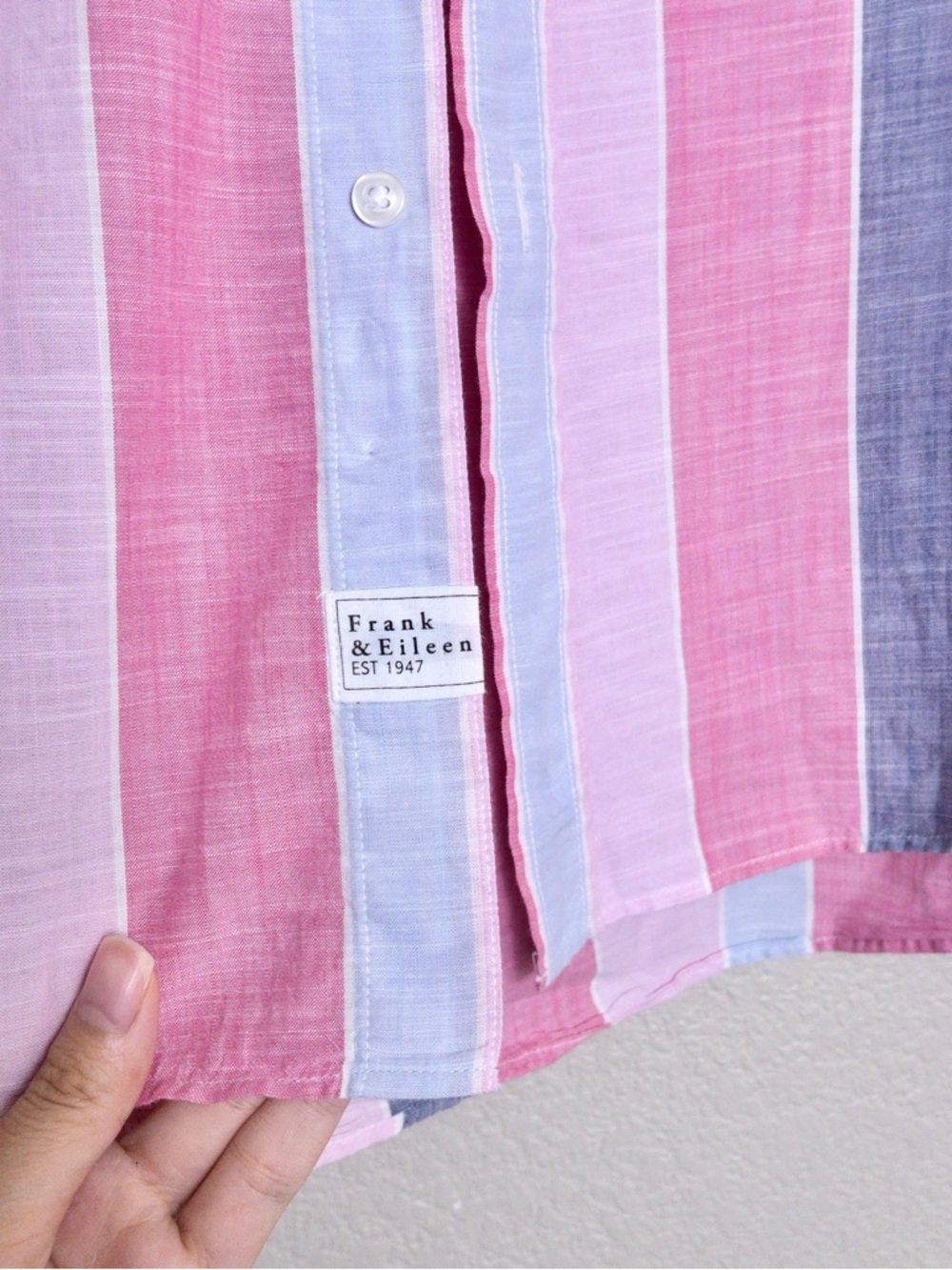 Frank & Eileen Italian Cotton Eileen Button-Up Shirt XS Pink Navy Wide Stripe - Picture 6 of 9